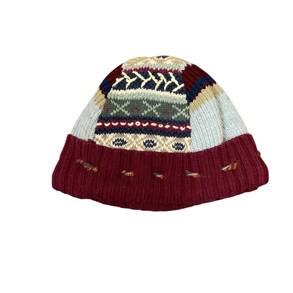 Handmade Multicolor Knit Beanie Hat with Burgundy Cuff